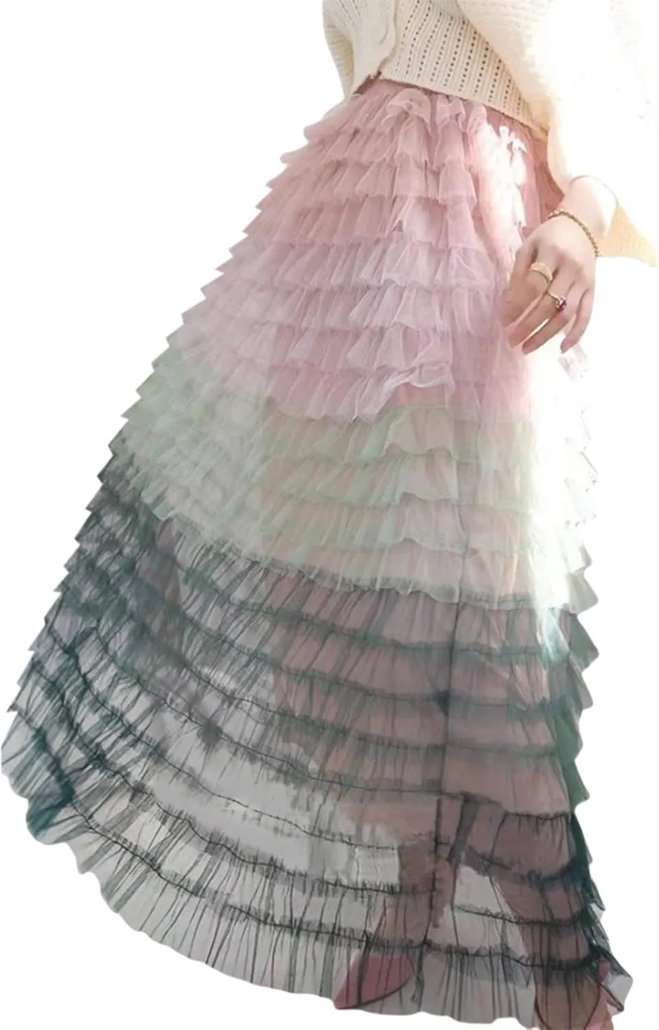 Women Tulle Tutu Skirt Multilayer Casual Gradient Color Elastic Mesh Princess Skirt Ruffle Swing Casual Long Maxi Skirts