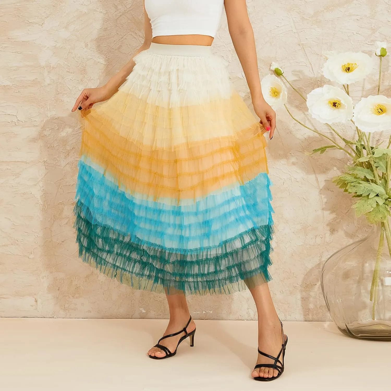 Women Tulle Tutu Skirt Multilayer Casual Gradient Color Elastic Mesh Princess Skirt Ruffle Swing Casual Long Maxi Skirts