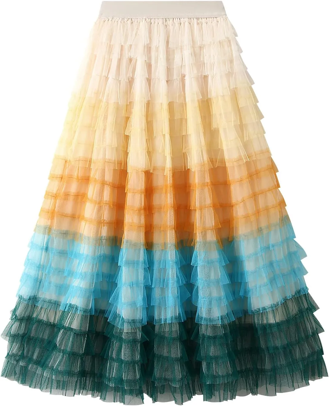 Women Tulle Tutu Skirt Multilayer Casual Gradient Color Elastic Mesh Princess Skirt Ruffle Swing Casual Long Maxi Skirts