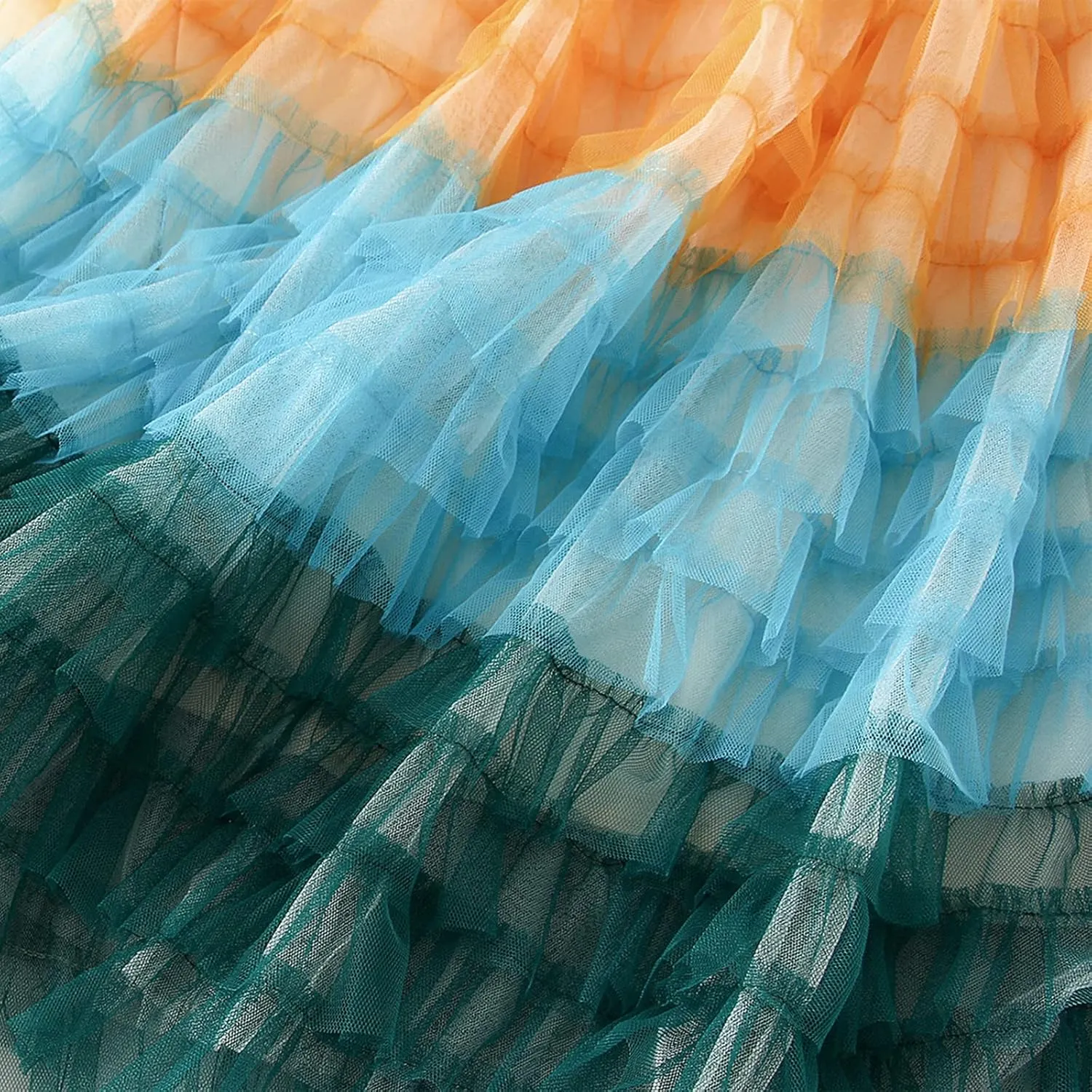 Women Tulle Tutu Skirt Multilayer Casual Gradient Color Elastic Mesh Princess Skirt Ruffle Swing Casual Long Maxi Skirts