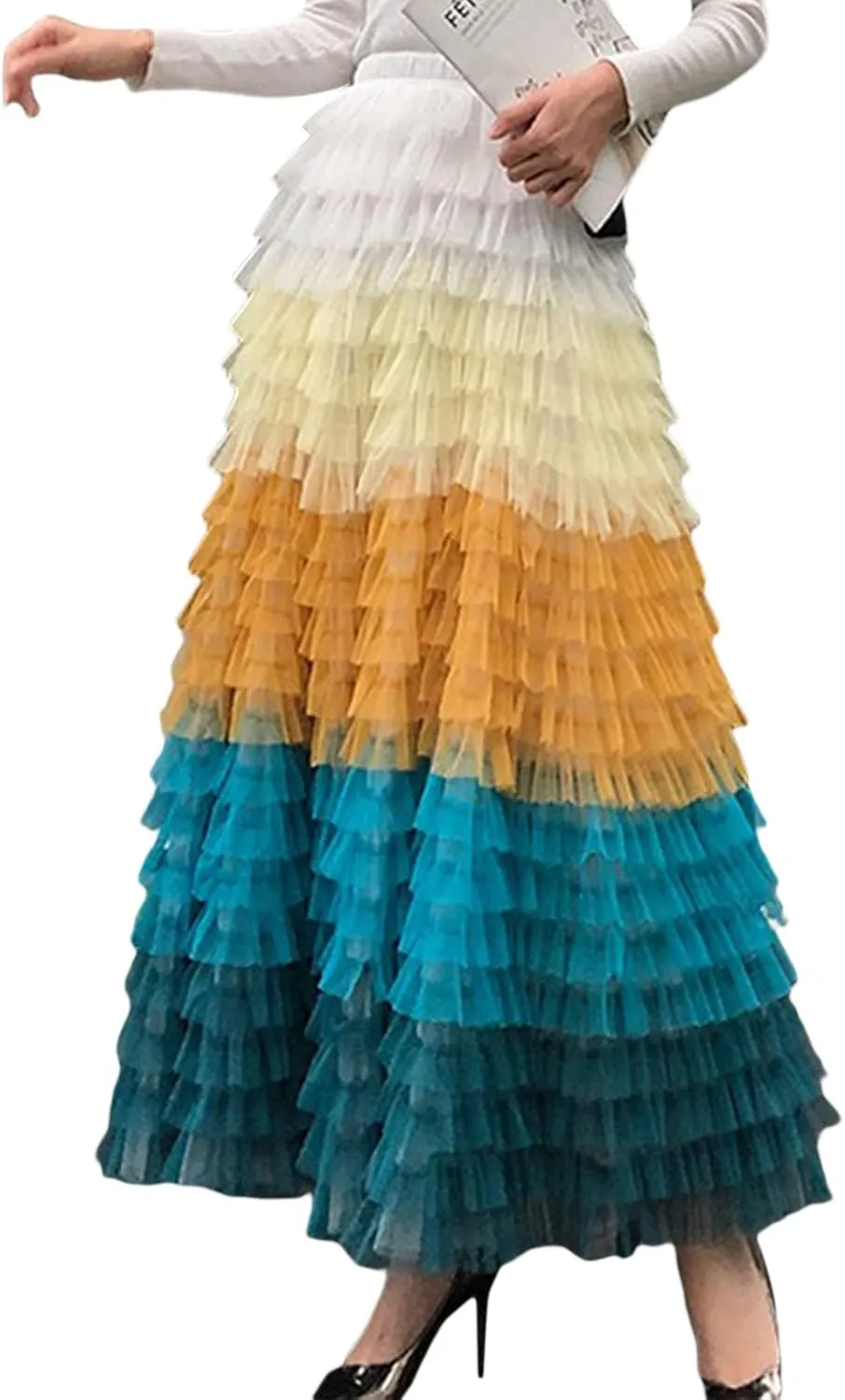 Women Tulle Tutu Skirt Multilayer Casual Gradient Color Elastic Mesh Princess Skirt Ruffle Swing Casual Long Maxi Skirts