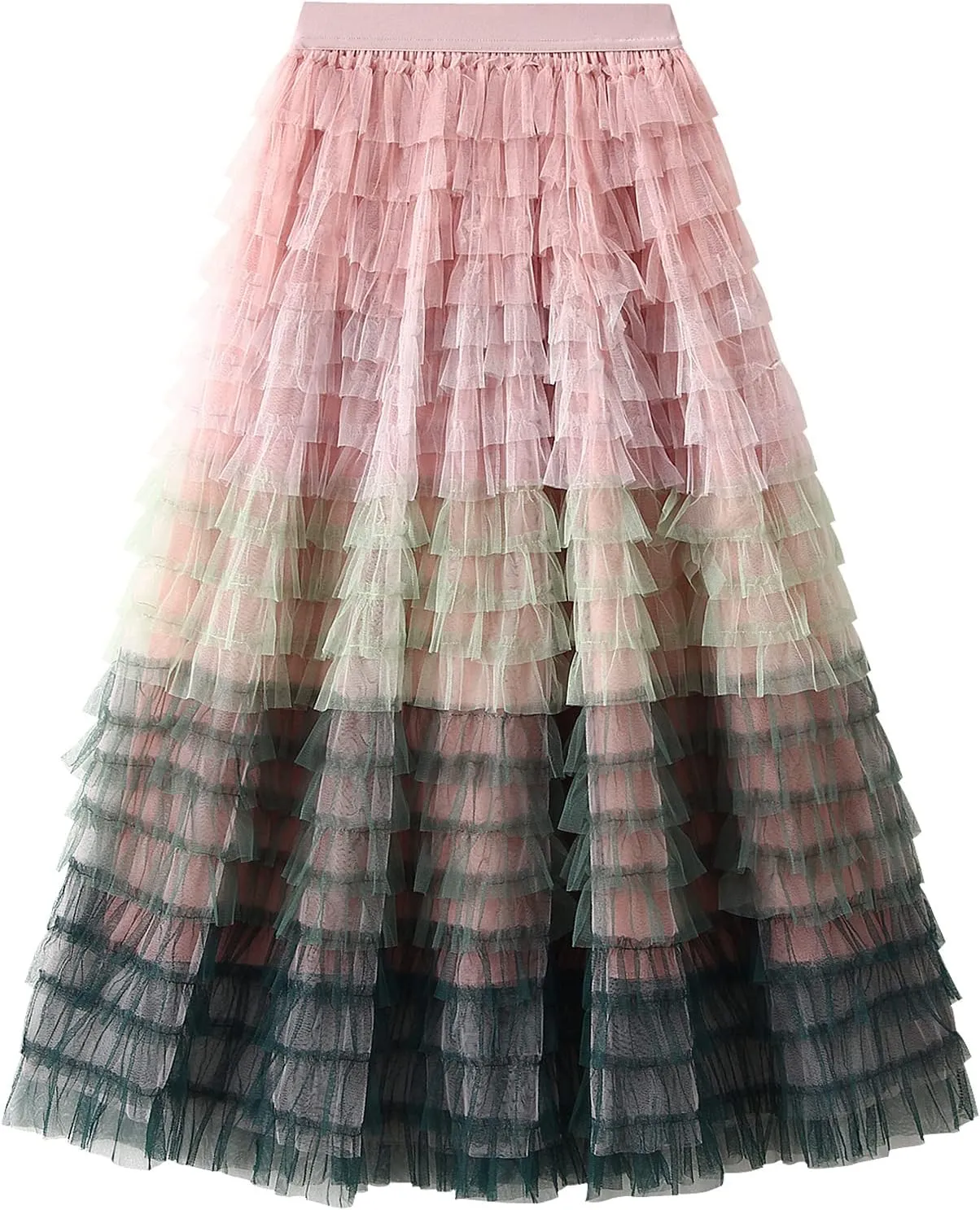 Women Tulle Tutu Skirt Multilayer Casual Gradient Color Elastic Mesh Princess Skirt Ruffle Swing Casual Long Maxi Skirts