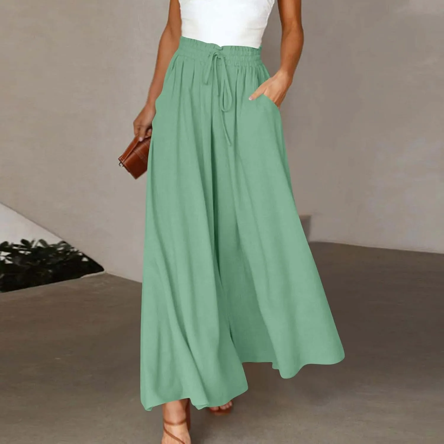 Women Wide Leg Pants Elastic Waisted Chiffon Baggy Flowy Long Lounge Trousers Beach Vacation Pant with Pockets