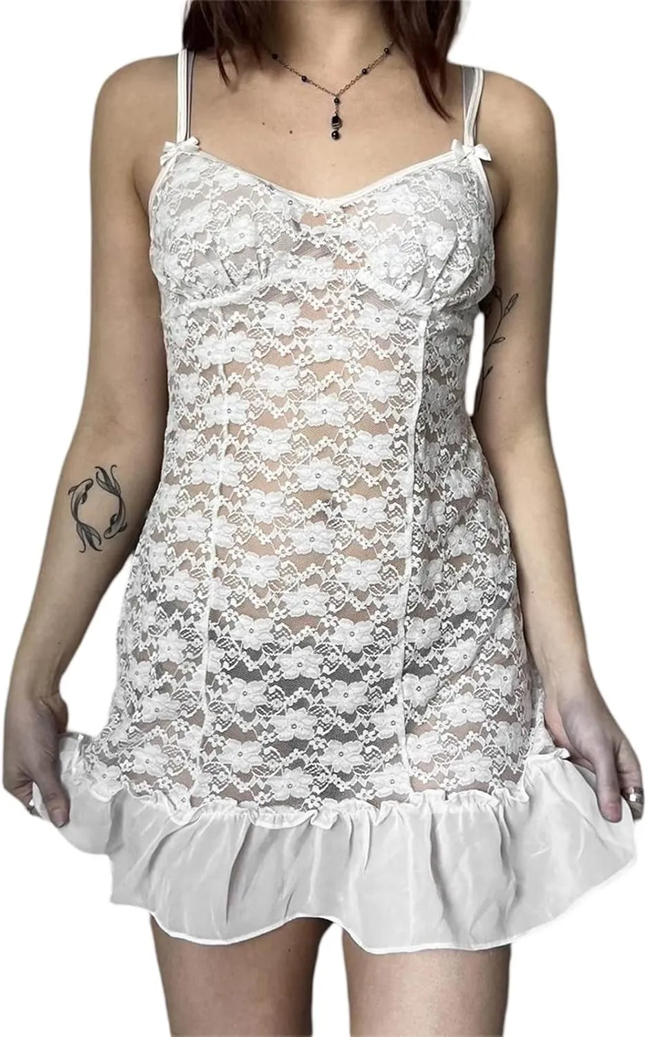 Women Y2K Sheer Lace Mini Dress Spaghetti Strap Low Cut Bodycon Dress See Through Short Dress Backless Party Dresses