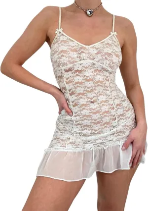 Women Y2K Sheer Lace Mini Dress Spaghetti Strap Low Cut Bodycon Dress See Through Short Dress Backless Party Dresses