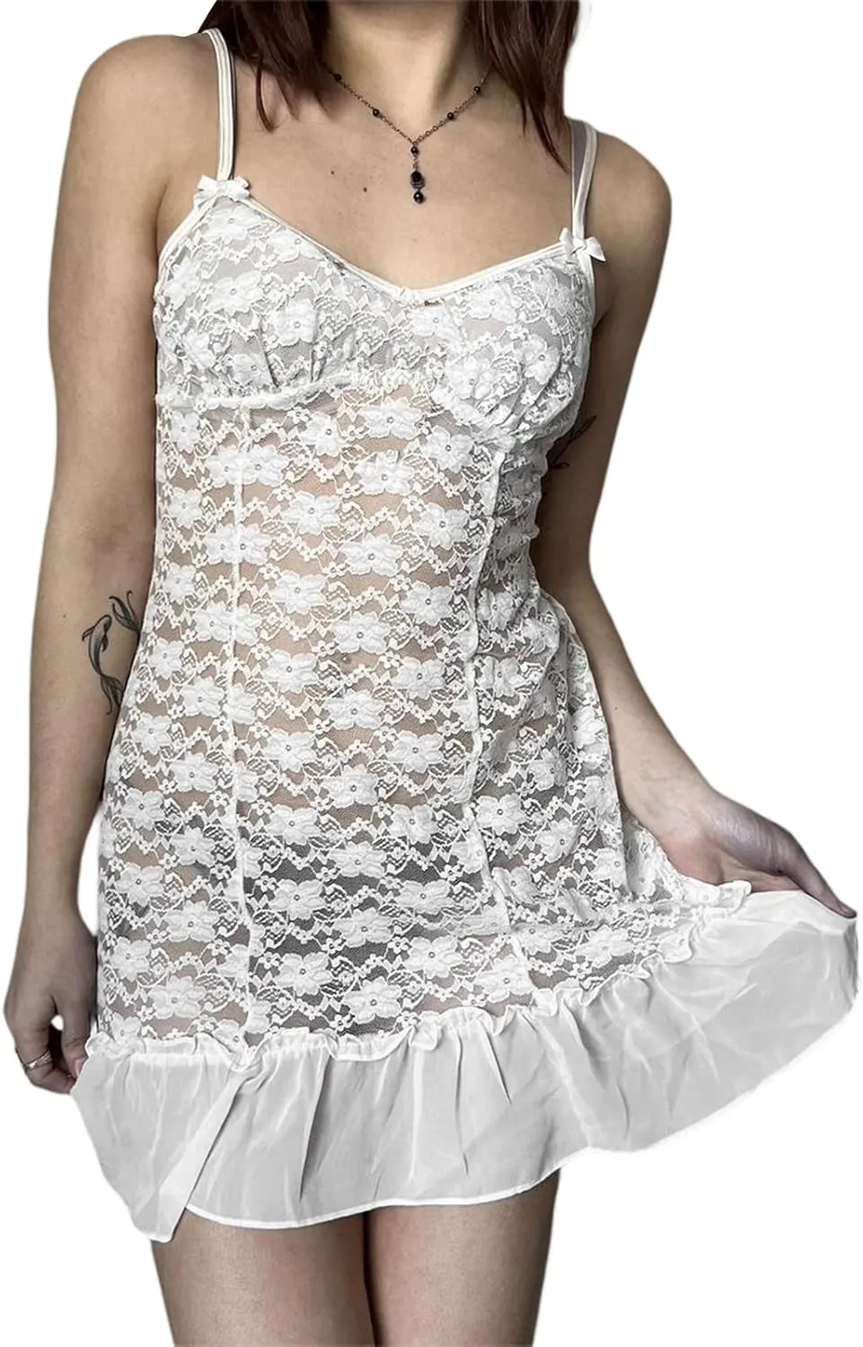 Women Y2K Sheer Lace Mini Dress Spaghetti Strap Low Cut Bodycon Dress See Through Short Dress Backless Party Dresses