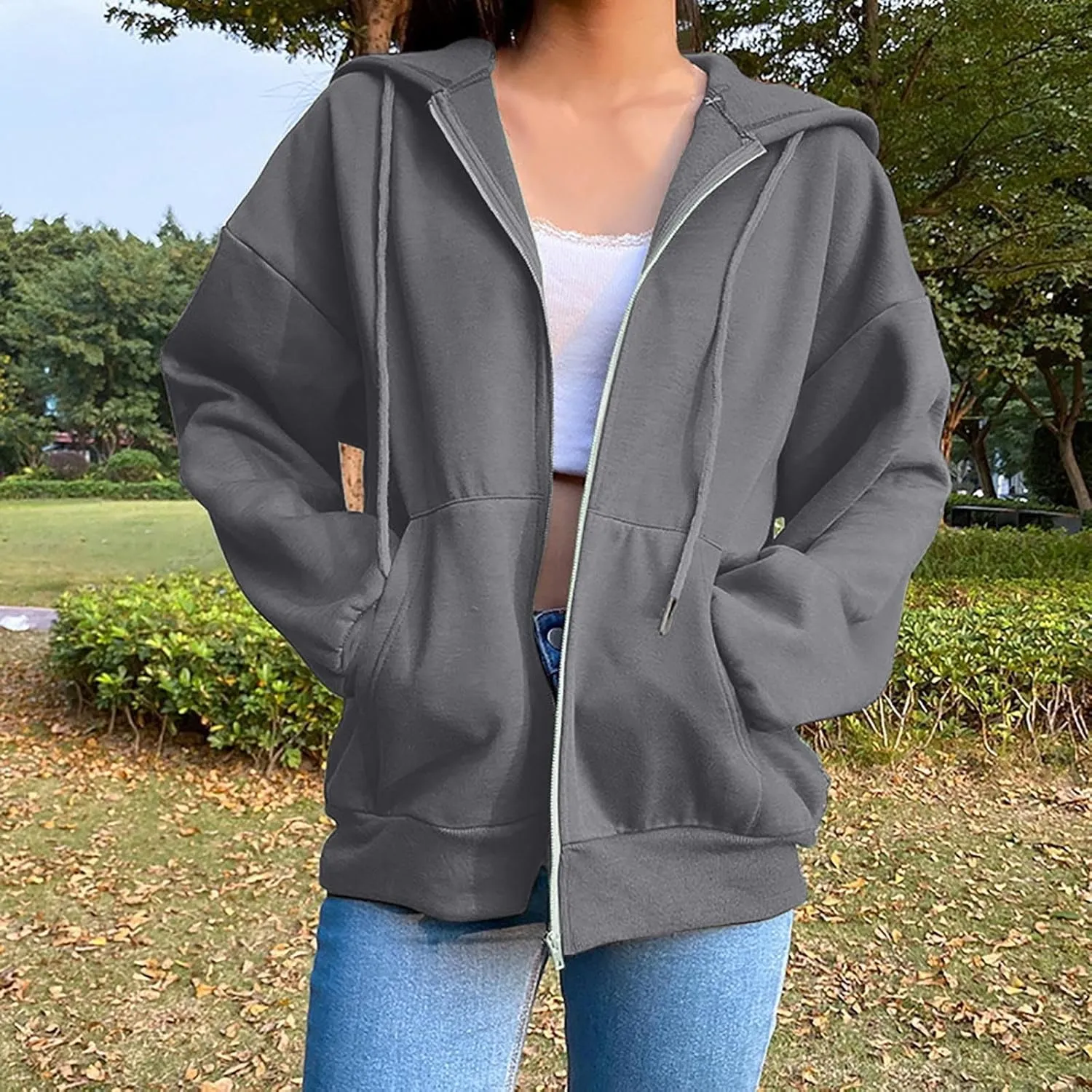 Women's 2024 Fall Zip Up Hoodies Sweatshirt Solid Color Long Sleeve Oversized Coat Casual Cozy Fall Winter Outfits
