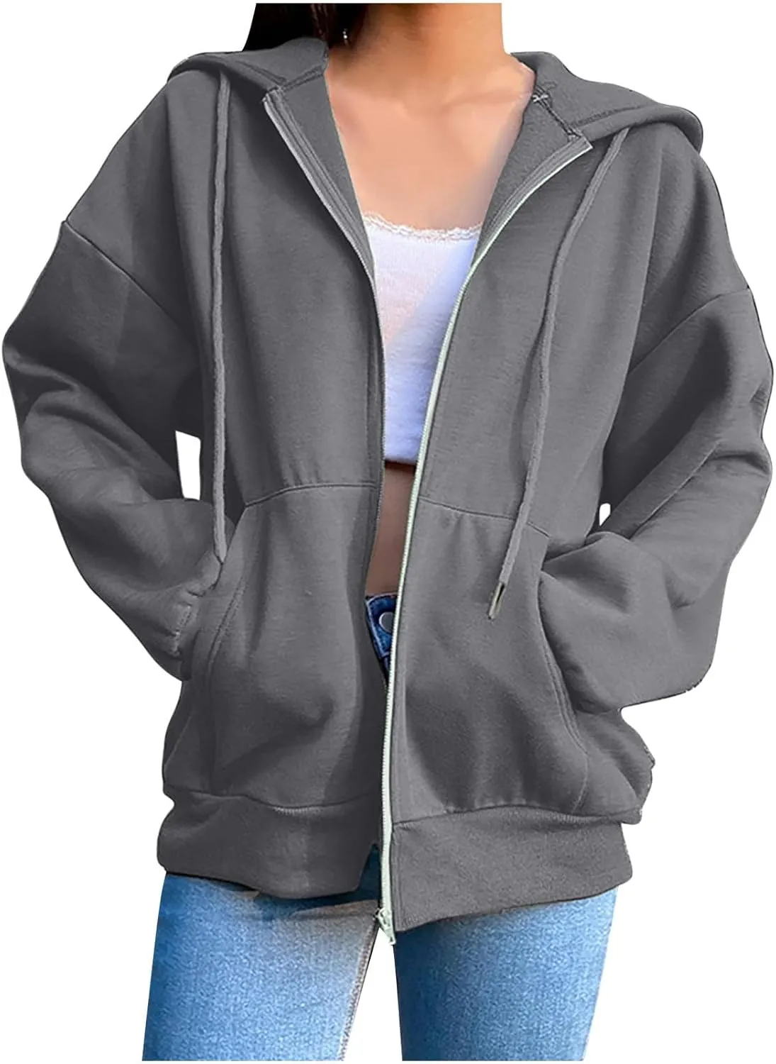 Women's 2024 Fall Zip Up Hoodies Sweatshirt Solid Color Long Sleeve Oversized Coat Casual Cozy Fall Winter Outfits