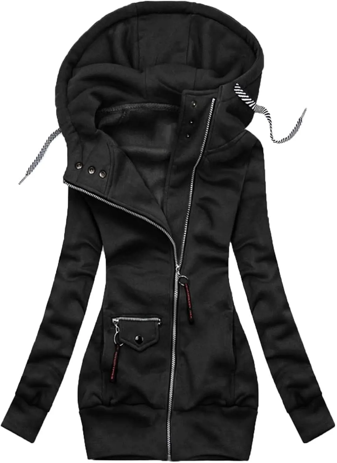 Womens 2024 Fashion Solid Hooded Outwear Zipper Long Sleeve Overcoat Comfy Soft Slim Fleece Coat Daily Winter Clothes