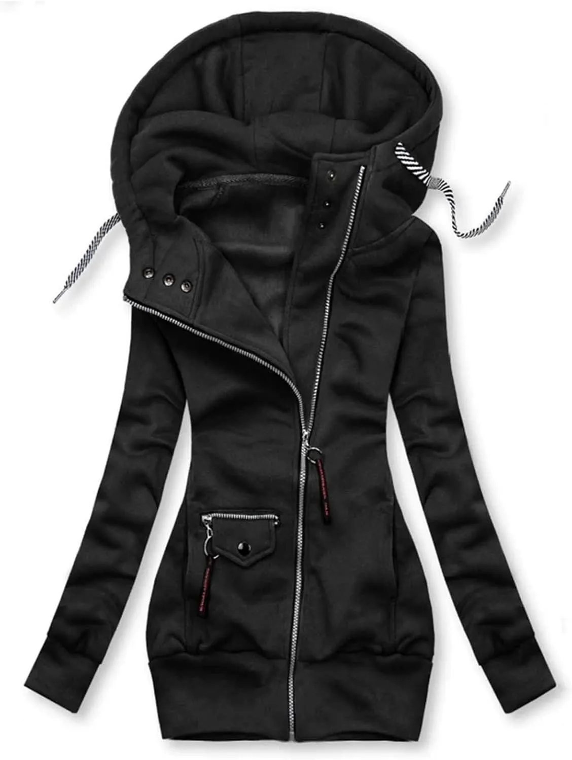 Womens 2024 Fashion Solid Hooded Outwear Zipper Long Sleeve Overcoat Comfy Soft Slim Fleece Coat Daily Winter Clothes