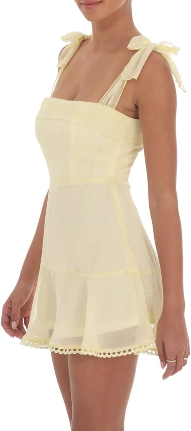 Womens 2025 Summer Floral Mini Dress Sleeveless Backless Tie Up Shoulder Strap Double Layer Ruffle Dress