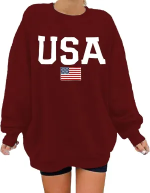 Womens American Flag Sweatshirt Oversized Crew Neck Patriotic Pullover Top Long Sleeve Fall Winter Fashion Clothes