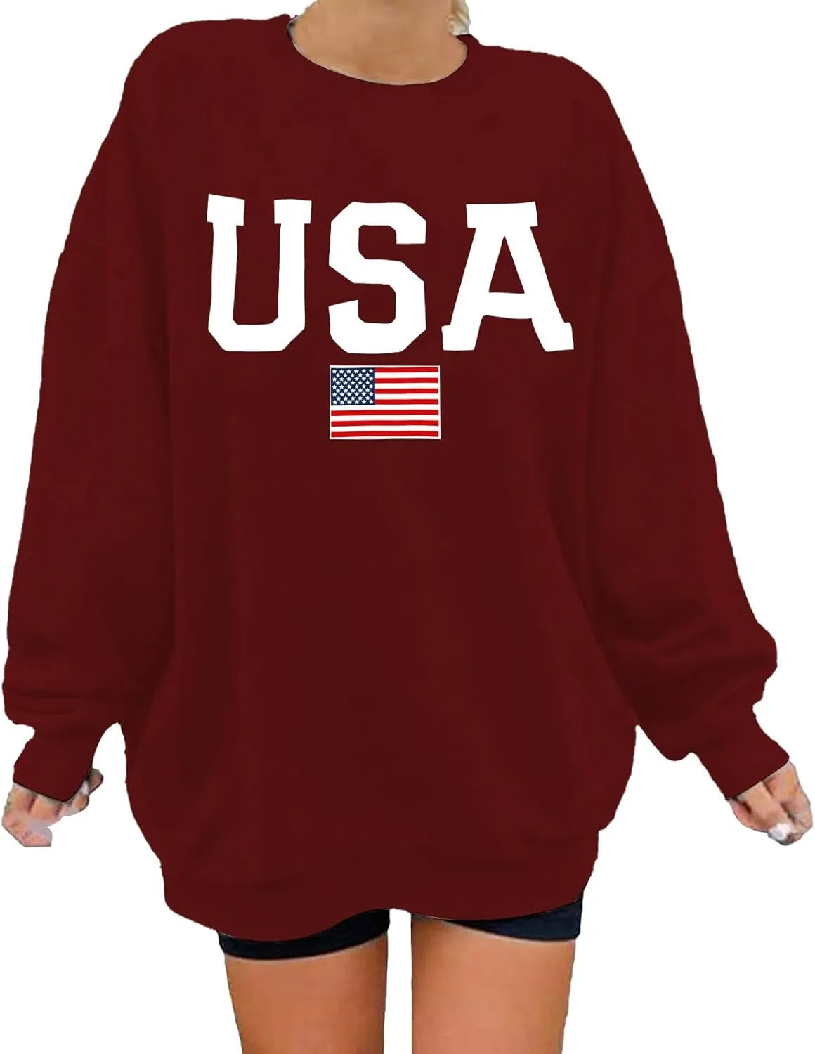 Womens American Flag Sweatshirt Oversized Crew Neck Patriotic Pullover Top Long Sleeve Fall Winter Fashion Clothes