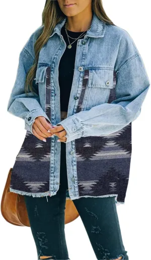 Women's Aztec Shacket Distressed Lapel Long Sleeve Button Down Jean Denim Jacket Coat