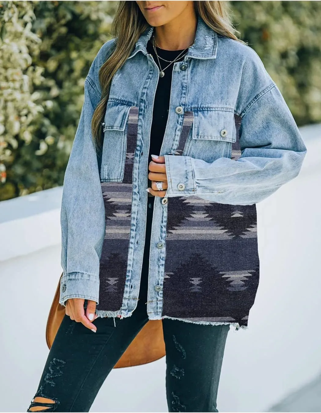 Women's Aztec Shacket Distressed Lapel Long Sleeve Button Down Jean Denim Jacket Coat