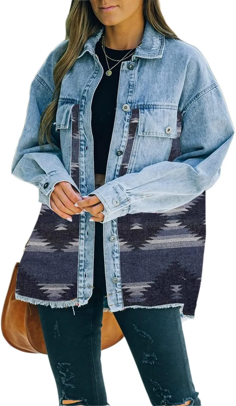 Women's Aztec Shacket Distressed Lapel Long Sleeve Button Down Jean Denim Jacket Coat