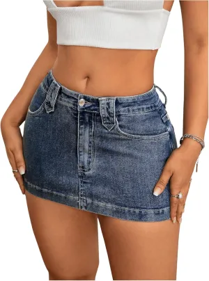 Women's Bodycon Mini Denim Skirts Drop Waist Skinny Vintage Jeans Skirt with Pockets