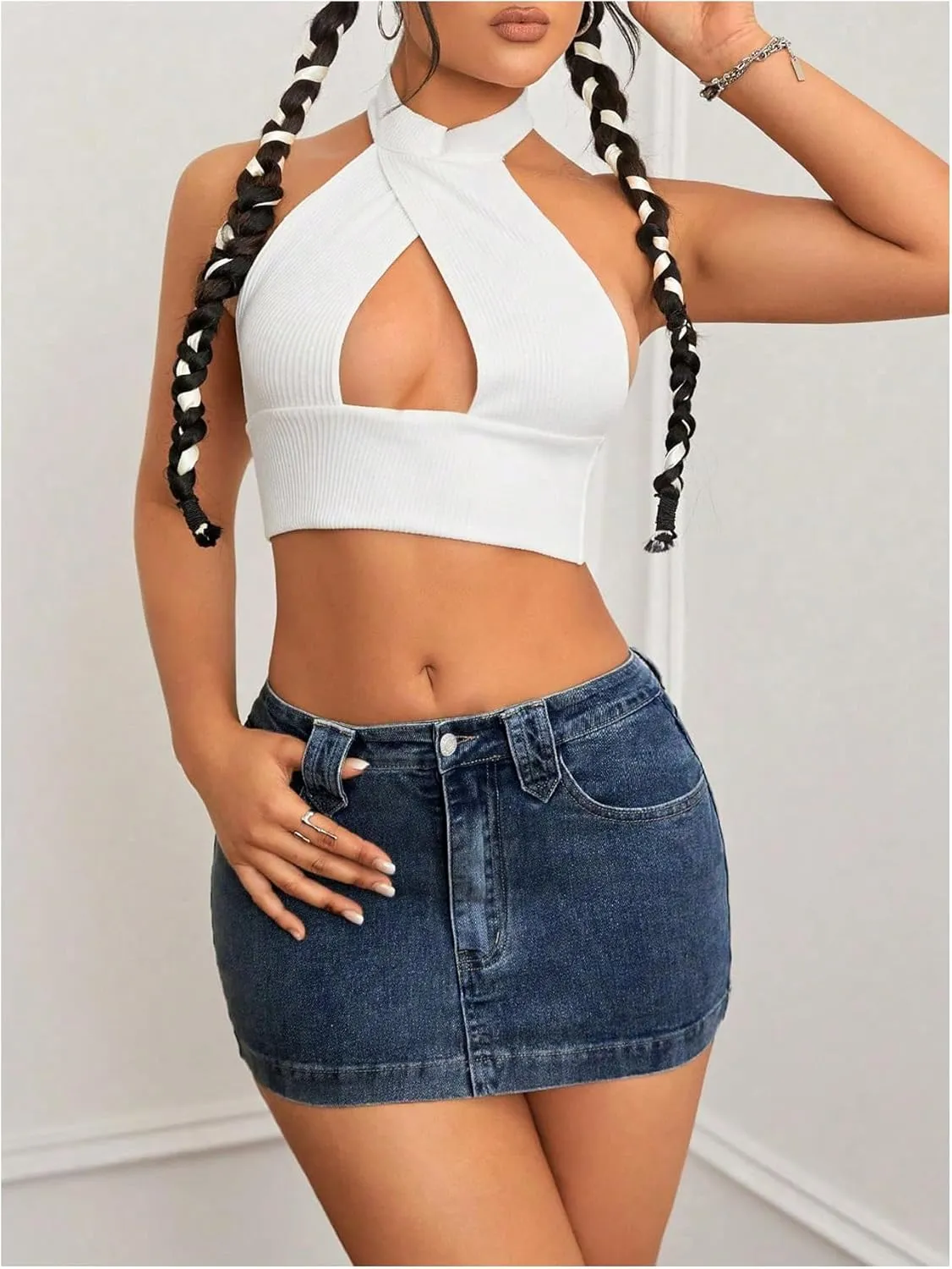 Women's Bodycon Mini Denim Skirts Drop Waist Skinny Vintage Jeans Skirt with Pockets