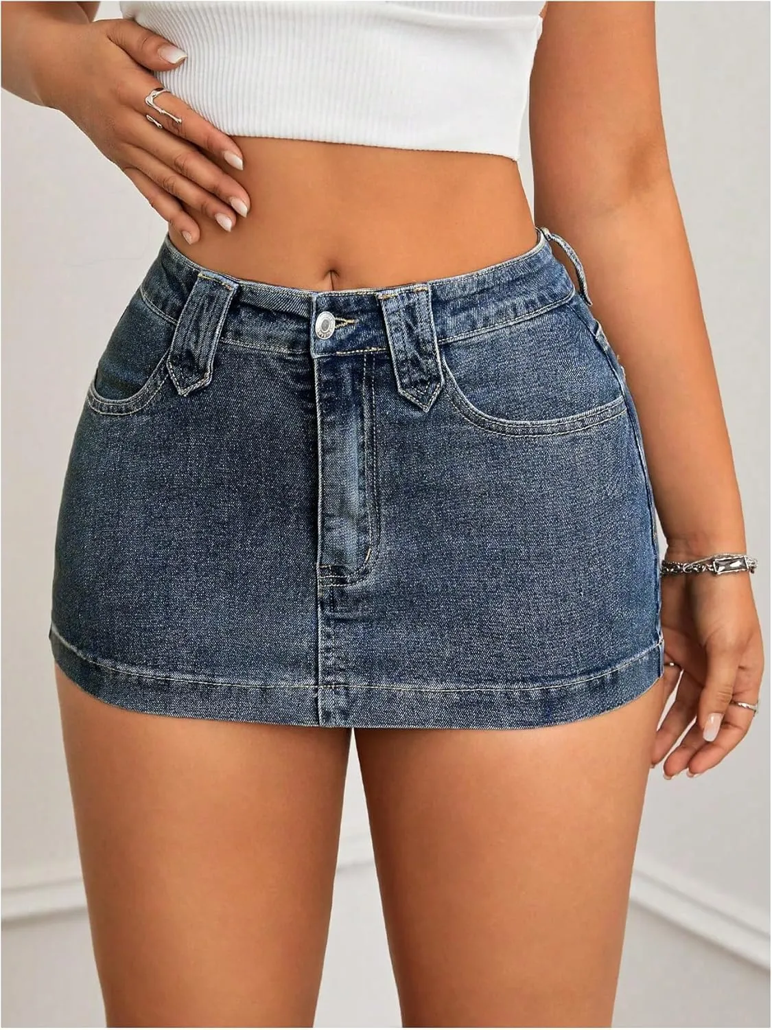 Women's Bodycon Mini Denim Skirts Drop Waist Skinny Vintage Jeans Skirt with Pockets