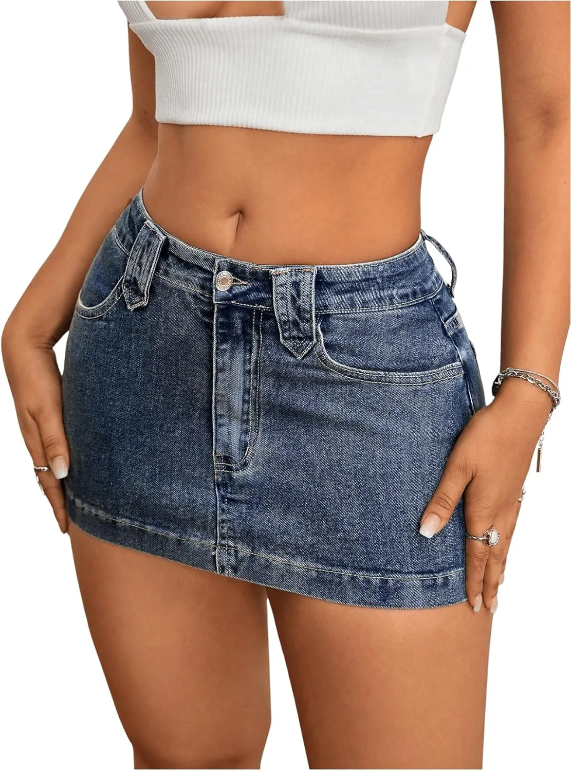 Women's Bodycon Mini Denim Skirts Drop Waist Skinny Vintage Jeans Skirt with Pockets