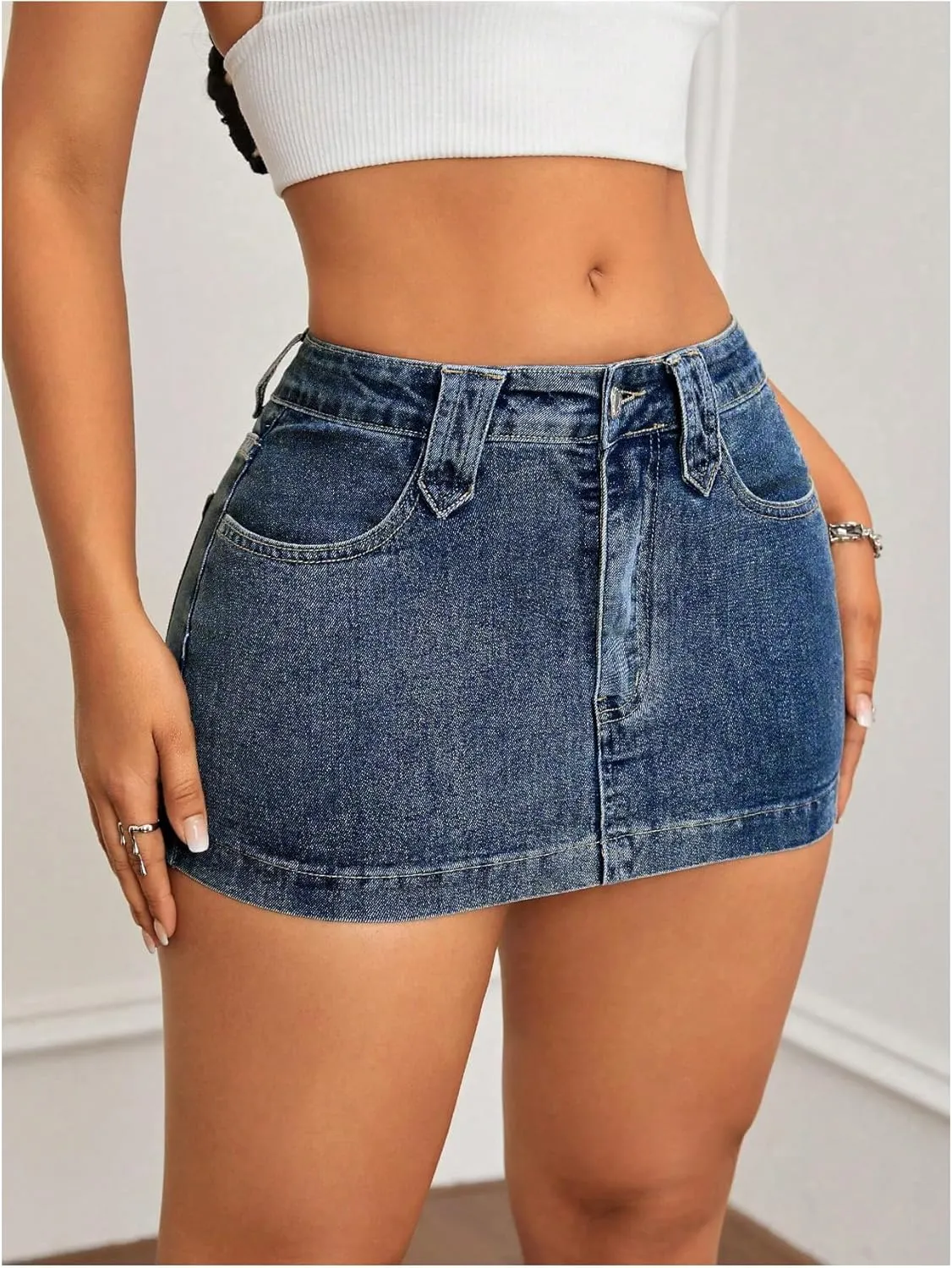 Women's Bodycon Mini Denim Skirts Drop Waist Skinny Vintage Jeans Skirt with Pockets