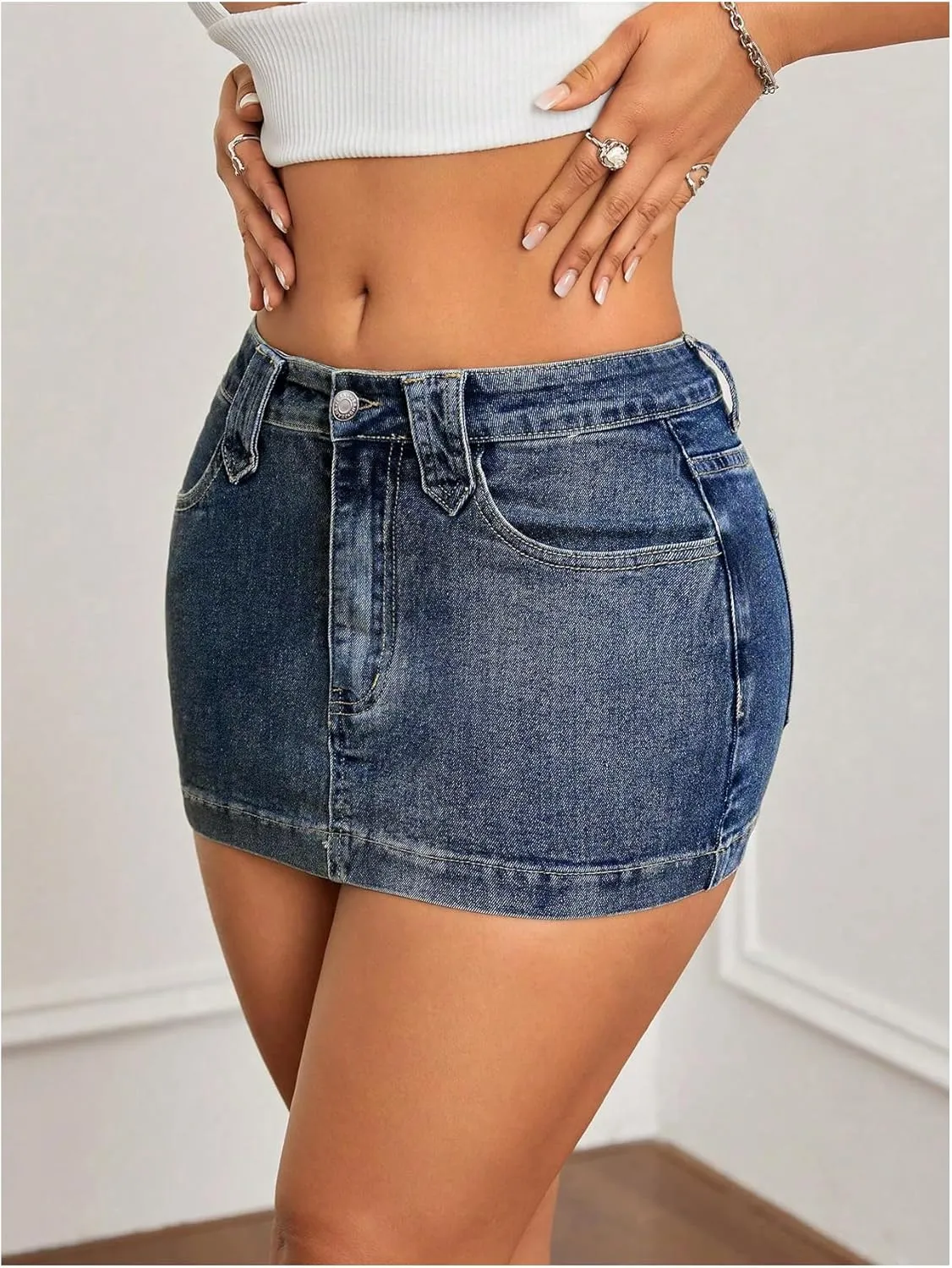 Women's Bodycon Mini Denim Skirts Drop Waist Skinny Vintage Jeans Skirt with Pockets