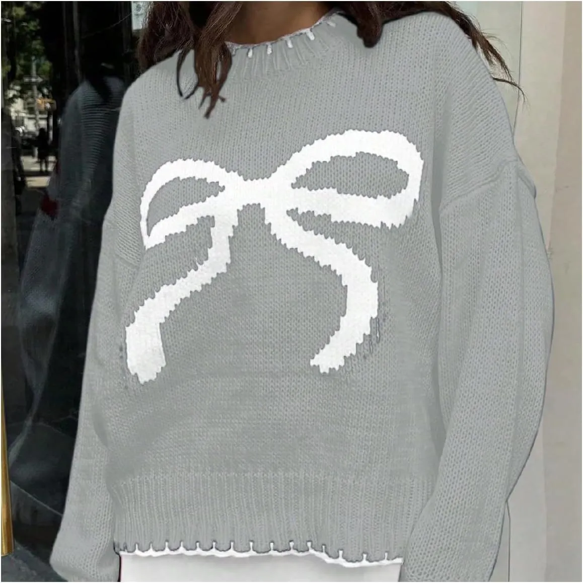 Women's Bow Graphic Long Sleeve Knitted Sweater Round Neck Drop Shoulder Pullover Sweaters