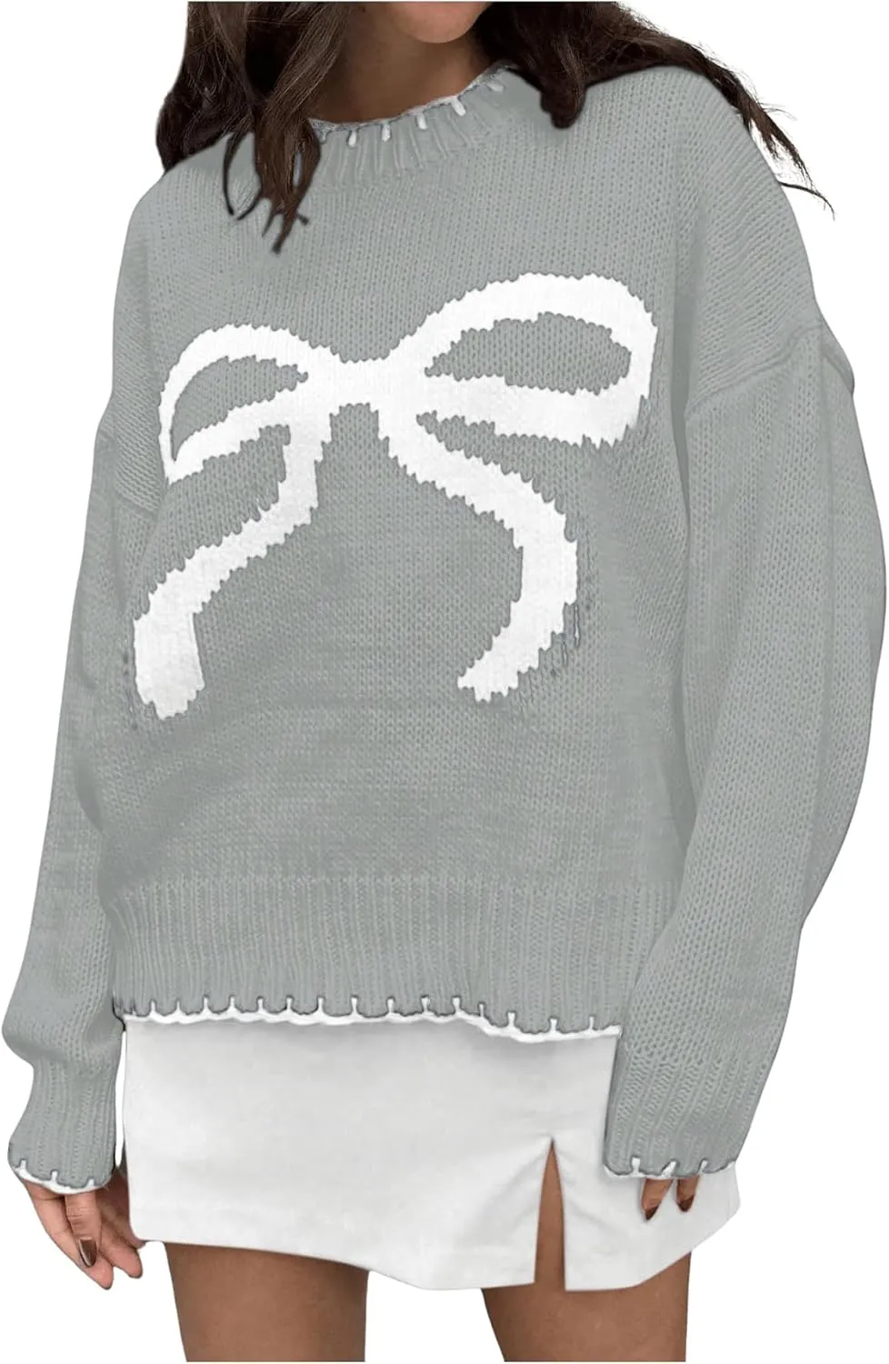 Women's Bow Graphic Long Sleeve Knitted Sweater Round Neck Drop Shoulder Pullover Sweaters