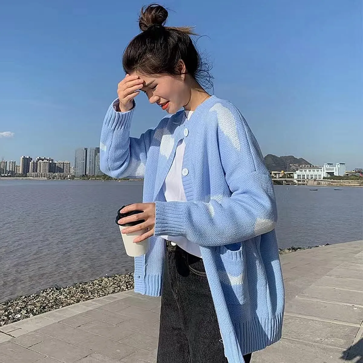 Women's Button Down Crew Neck Cardigan Kawaii Cloud Knitted Sweater with Pockets