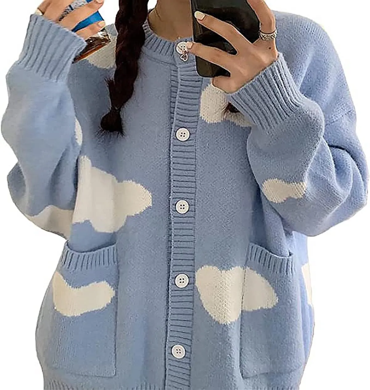 Women's Button Down Crew Neck Cardigan Kawaii Cloud Knitted Sweater with Pockets