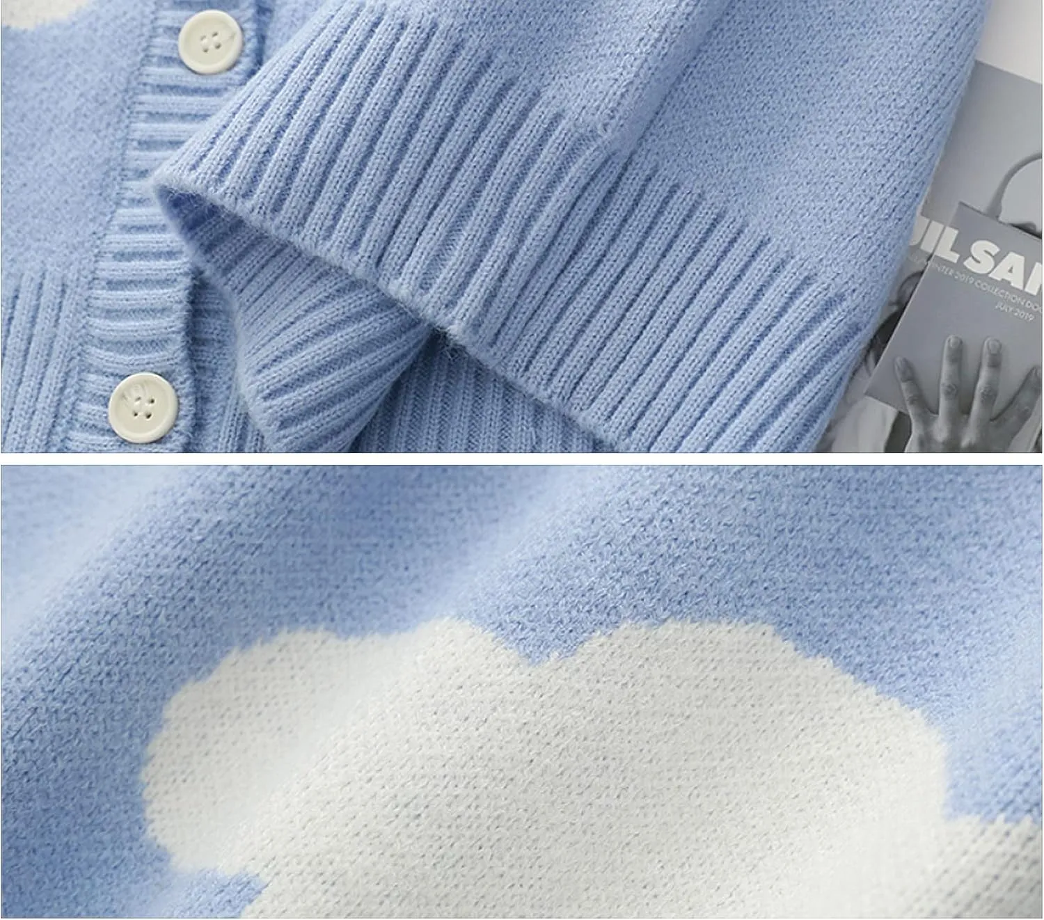 Women's Button Down Crew Neck Cardigan Kawaii Cloud Knitted Sweater with Pockets