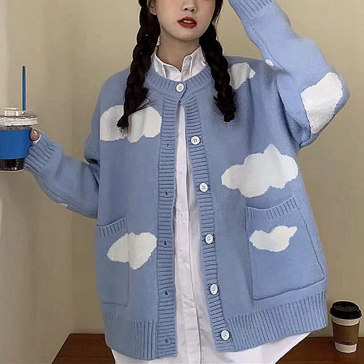 Women's Button Down Crew Neck Cardigan Kawaii Cloud Knitted Sweater with Pockets