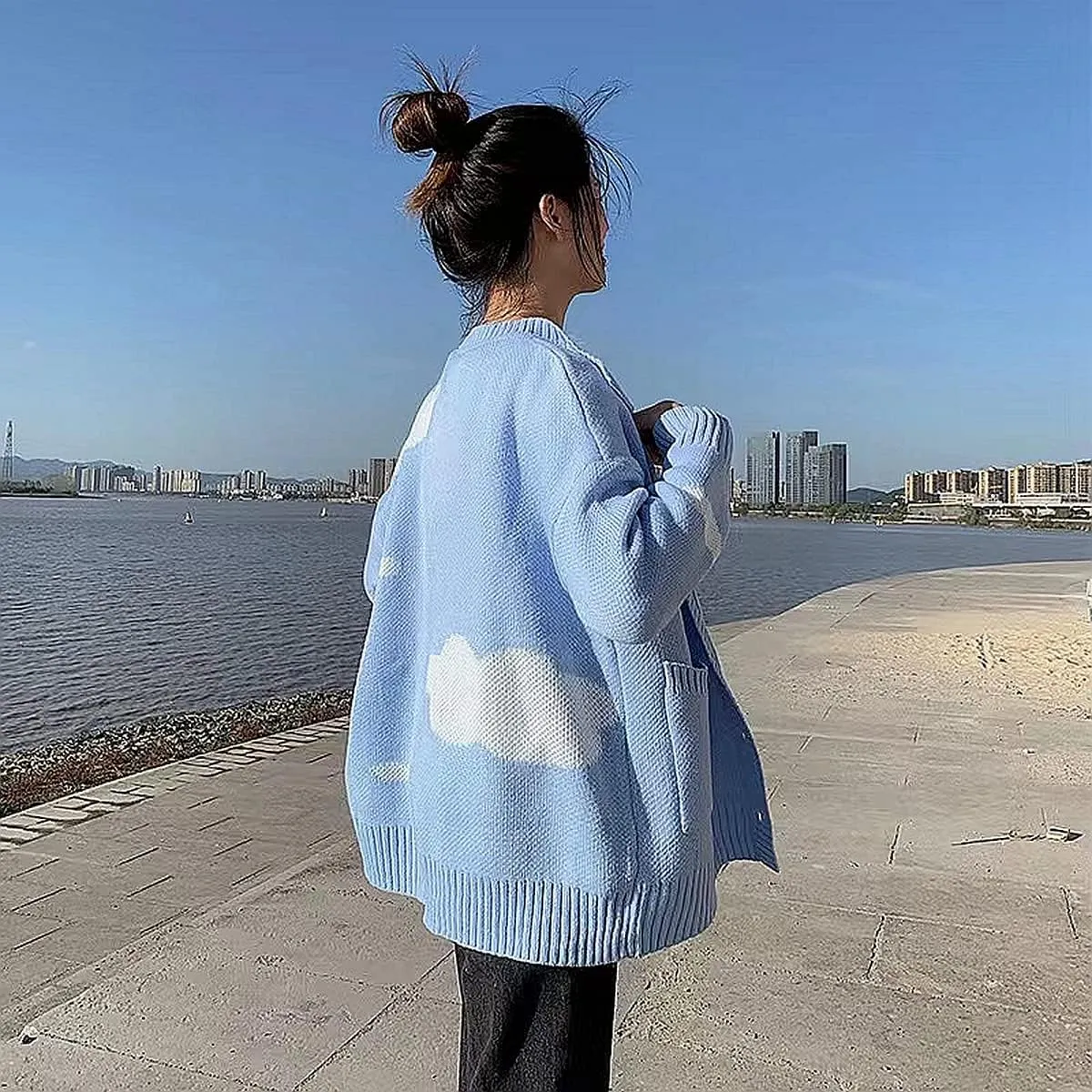 Women's Button Down Crew Neck Cardigan Kawaii Cloud Knitted Sweater with Pockets