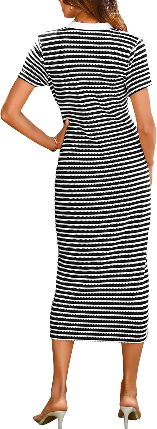 Womens Button Striped Dresses V Neck Short Sleeve Maxi Dress Casual Summer Fashion Ribbed Knit Party Dresses 2025