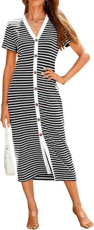 Womens Button Striped Dresses V Neck Short Sleeve Maxi Dress Casual Summer Fashion Ribbed Knit Party Dresses 2025
