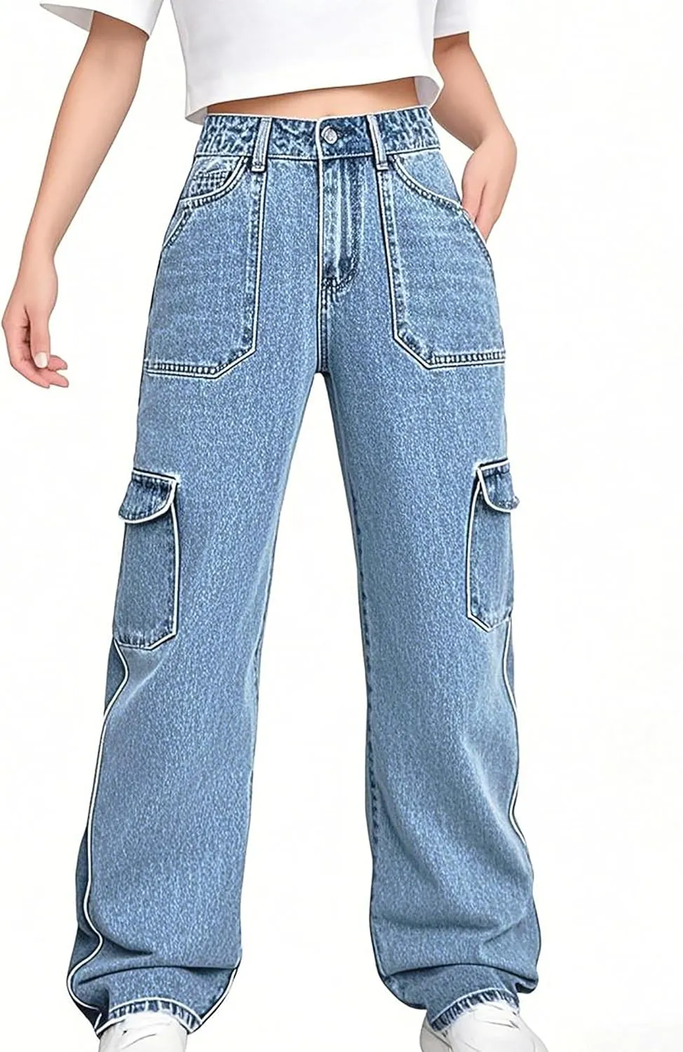 Womens Cargo Denim Jeans High Waisted Stretchy Flap Pocket Straight Leg Pants