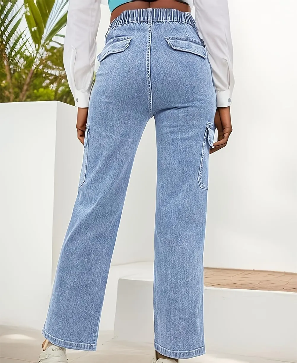 Womens Cargo Denim Jeans High Waisted Stretchy Flap Pocket Straight Leg Pants