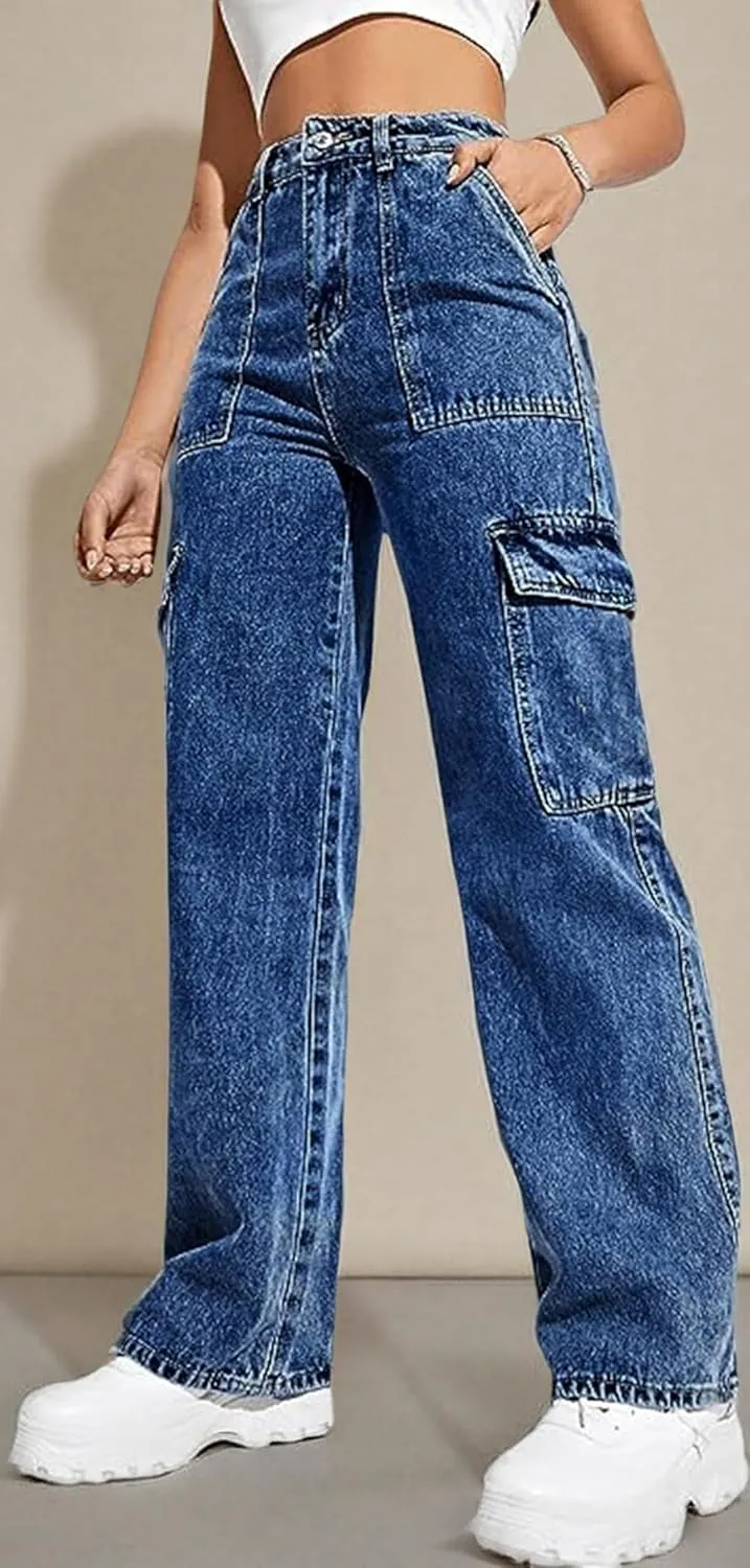 Womens Cargo Denim Jeans High Waisted Stretchy Flap Pocket Straight Leg Pants