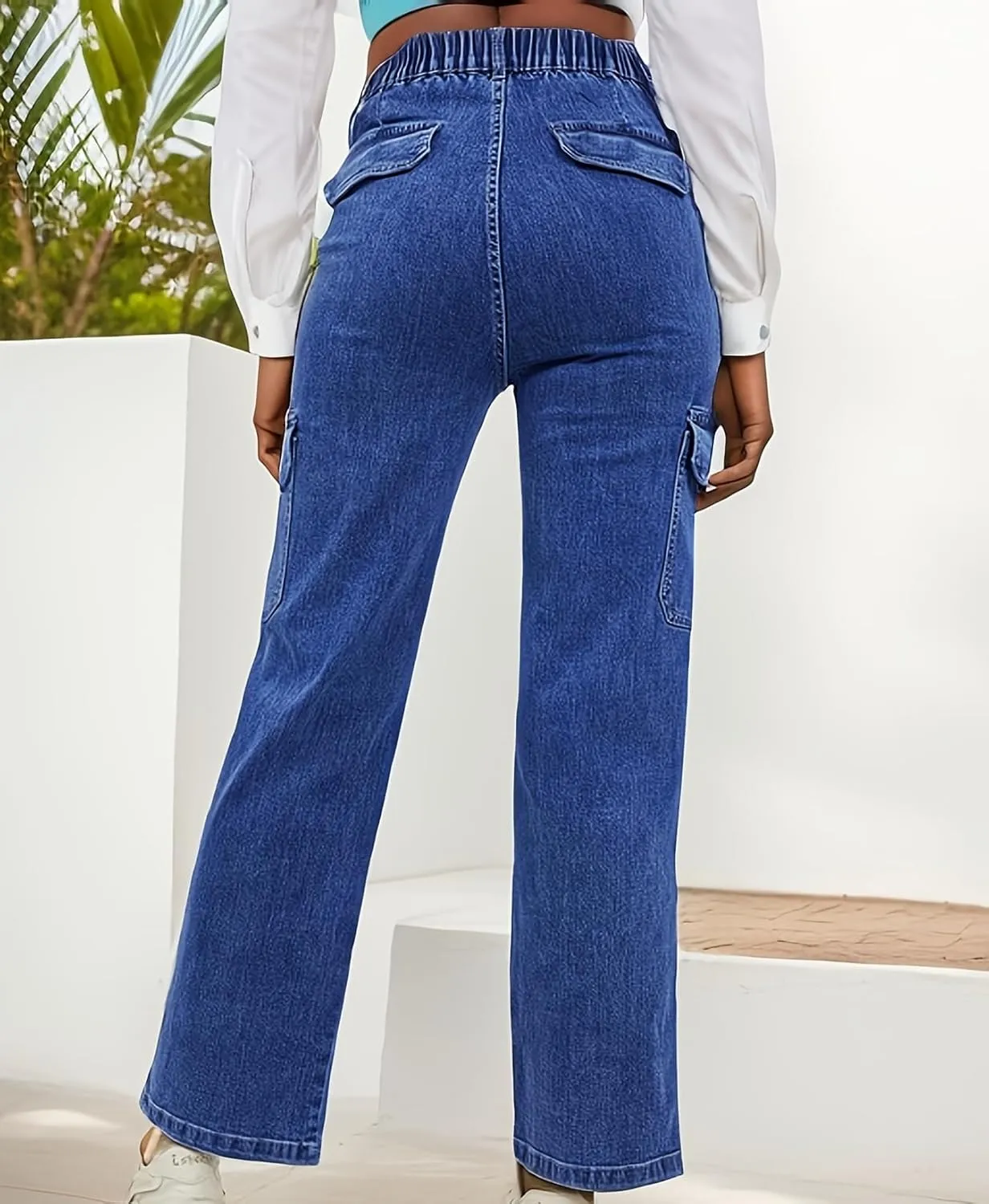 Womens Cargo Denim Jeans High Waisted Stretchy Flap Pocket Straight Leg Pants