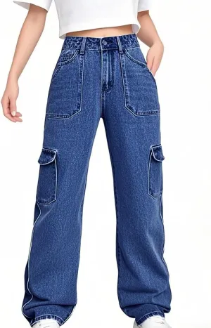 Womens Cargo Denim Jeans High Waisted Stretchy Flap Pocket Straight Leg Pants
