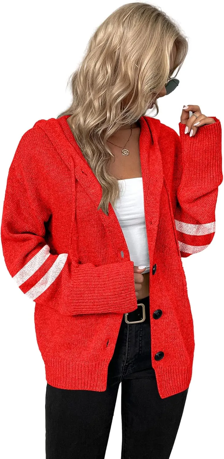 Women's Casual Cardigan V Neck Button Down Hooded Sweaters Long Sleeve Hoodies Outfits