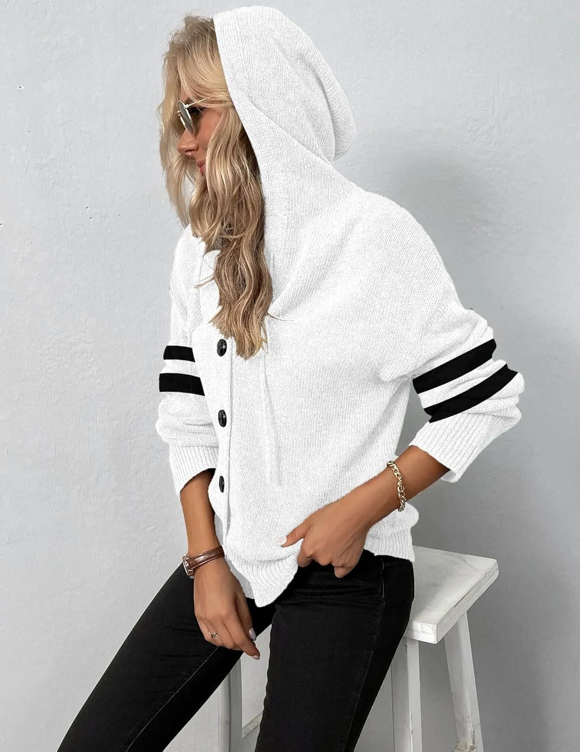 Women's Casual Cardigan V Neck Button Down Hooded Sweaters Long Sleeve Hoodies Outfits