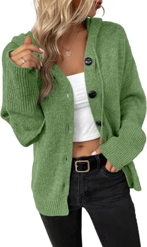 Women's Casual Cardigan V Neck Button Down Hooded Sweaters Long Sleeve Hoodies Outfits