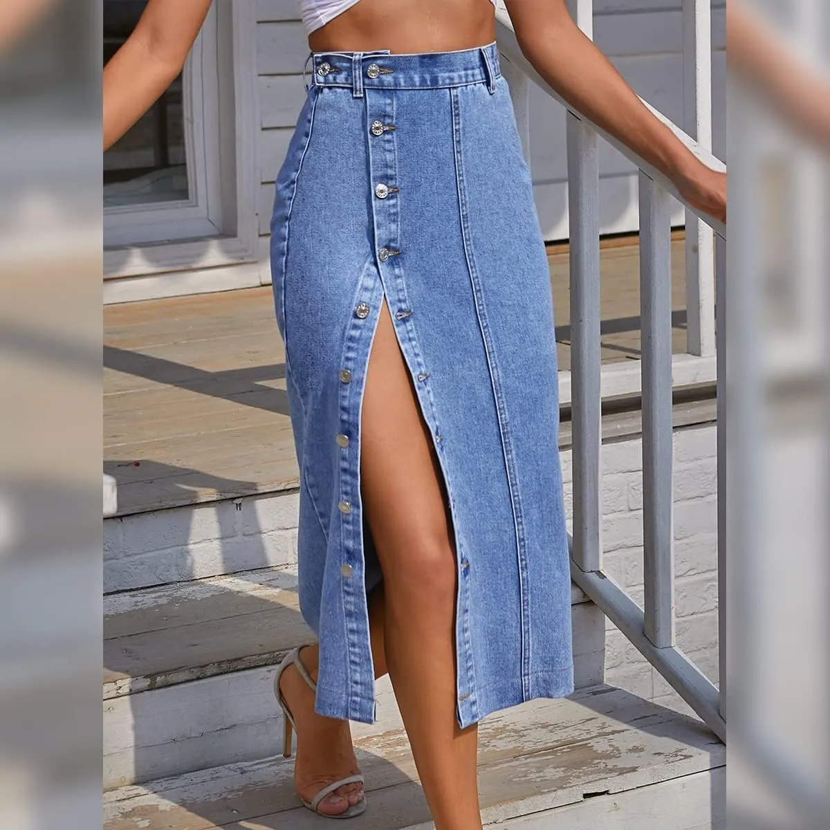 Womens Casual Slit Denim Midi Skirt 2024 Summer High Waisted Button Up Denim Jean Skirts XS-L