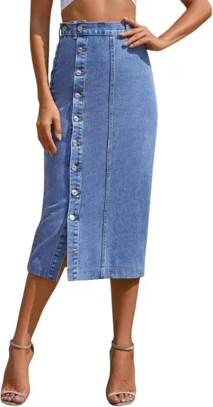 Womens Casual Slit Denim Midi Skirt 2024 Summer High Waisted Button Up Denim Jean Skirts XS-L