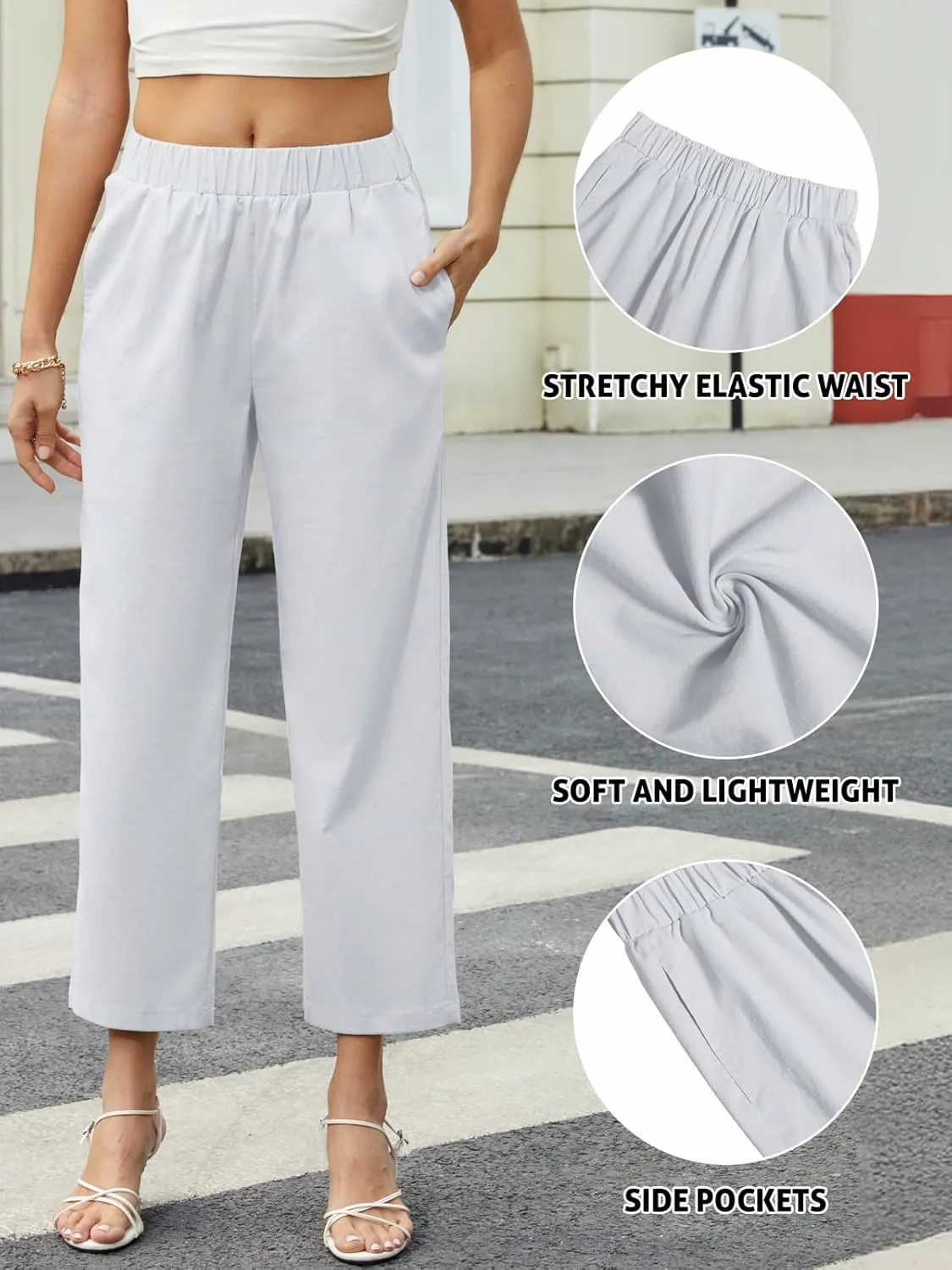 Womens Casual Summer Straight Leg Pants Elastic High Waist Beach Capris with Pockets