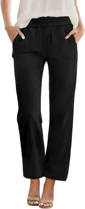 Womens Casual Summer Straight Leg Pants Elastic High Waist Beach Capris with Pockets