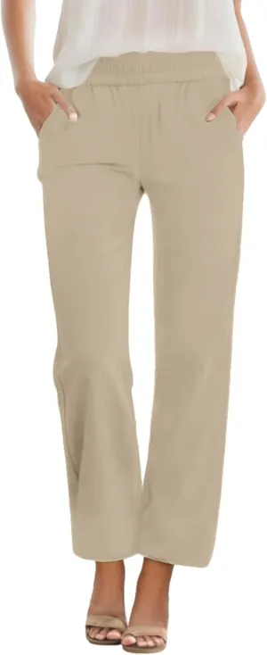 Womens Casual Summer Straight Leg Pants Elastic High Waist Beach Capris with Pockets