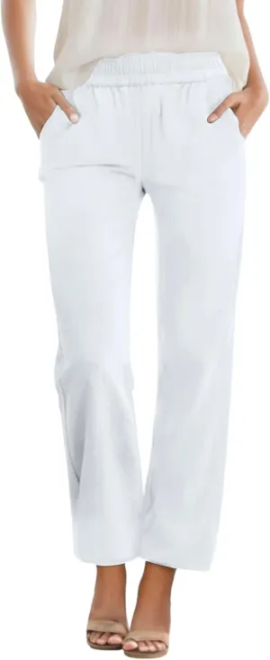Womens Casual Summer Straight Leg Pants Elastic High Waist Beach Capris with Pockets