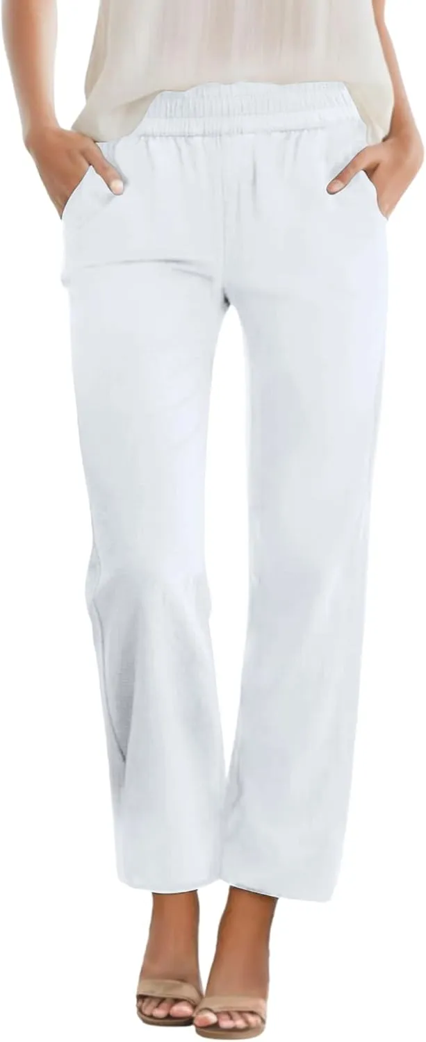 Womens Casual Summer Straight Leg Pants Elastic High Waist Beach Capris with Pockets